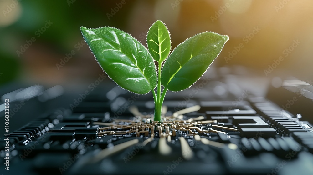 Canvas Prints A vibrant green plant emerges from a circuit board, symbolizing the fusion of technology and nature. The image captures growth, innovation, and sustainability.