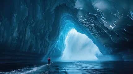 Fototapeta premium Captivating icy glacier cave in a remote and majestic Arctic landscape with stunning blue ice formations and a serene tranquil atmosphere This breathtaking natural wonder invites and adventure