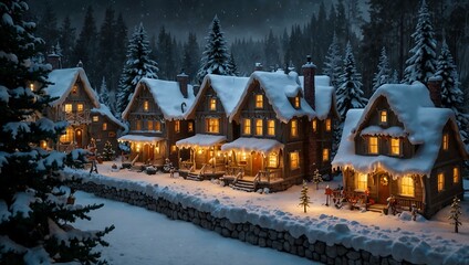 Fototapeta premium Fairy tale town with antique house, snowy forest, and Christmas decor