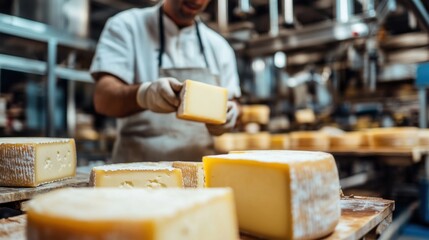 Artisan Cheesemaker Handling Delicious Aged Cheese Wheels in Factory