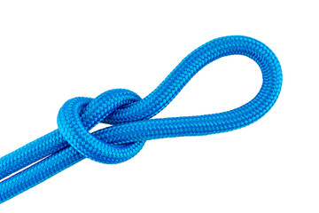 Blue synthetic rope with a knot, made of plastic or nylon strings, isolated on a transparent...