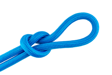 Blue synthetic rope with a knot, made of plastic or nylon strings, isolated on a transparent background
