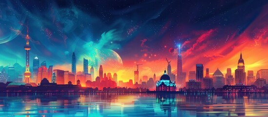 Fototapeta premium Futuristic cityscape with towering skyscrapers illuminated by a vibrant array of colorful lights reflecting on the still waters of a bay or river The dynamic