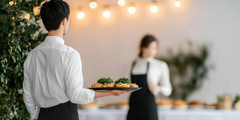 A waiter serving delicious food at a stylish restaurant with soft lighting.