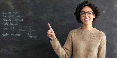 A young teacher confidently explaining concepts in a classroom setting.