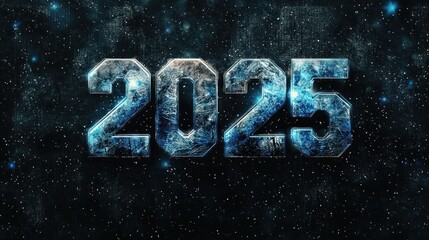 Written text "2025" in an angular futuristic font with metallic textures on a black, starry background.