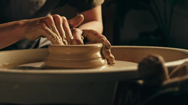 Woman potter works with clay on master class in studio. Working process in ceramic workshop. Potter making vase on pottery wheel. Handmade concept. 