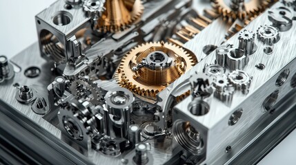 Fototapeta premium Close-up View of a Complex Mechanical Gearbox Featuring Interlocking Gears, Precision Parts, and Intricate Metalwork for Engineering and Design Applications