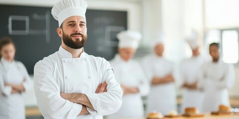 Confident chef leading a culinary class with aspiring cooks in a bright kitchen.
