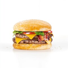 Tasty burger isolated on white background. French fries and the burger with meat, cooking a burger at home. junk fast food.