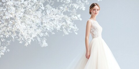 Naklejka premium Elegant bride in a stunning gown posing against a minimalist backdrop of flowers.