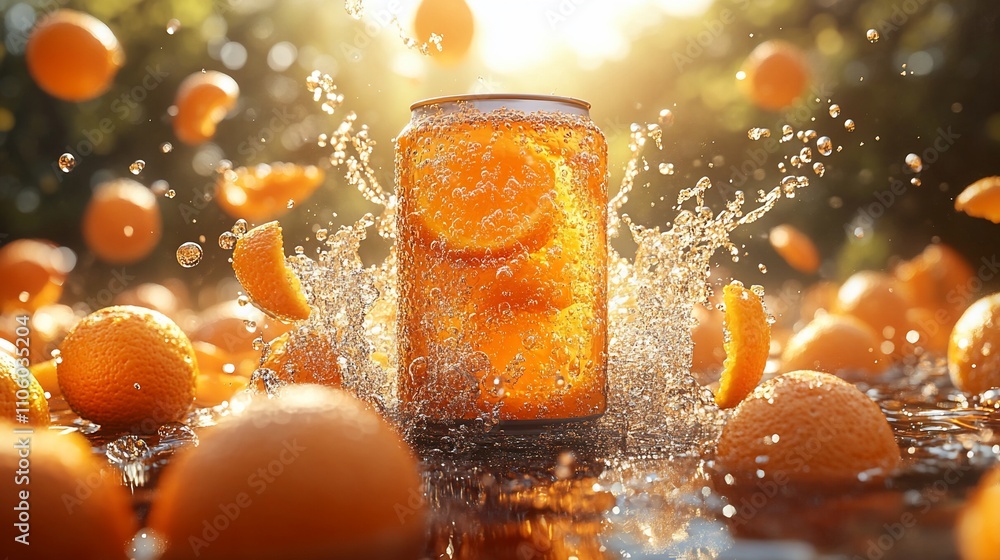 Poster here's a description for your stock photo refreshing orange soda can splashing in oranges.