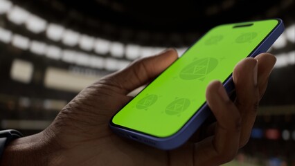 GREEN SCREEN CHROMA KEY A smartphone with a green screen held in a stylish wooden interior apartment with cityscape visible through large windows during the daytime