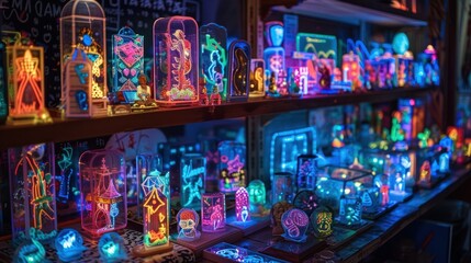 Fototapeta premium Retro neon lights and colorful decor creating a vibrant eye catching ambience and atmosphere in the interior of a retro style store bar or restaurant Glowing neon signs