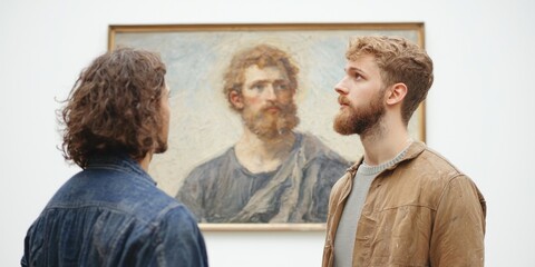 Fototapeta premium Two men admiring an art piece in a museum, reflecting on its cultural significance.