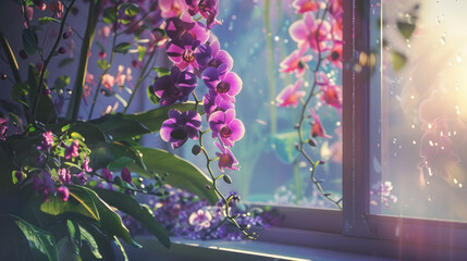 Close-up photo of purple and pink orchids hanging on a windowsill, which looks unusual and beautiful.
