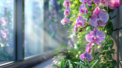 Close-up photo of purple and pink orchids hanging on a windowsill, which looks unusual and beautiful.