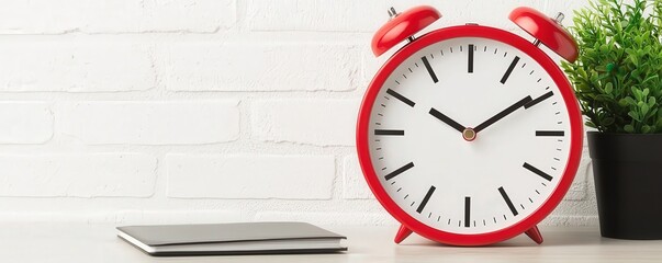 Red alarm clock next to a tablet and a potted plant on a table.