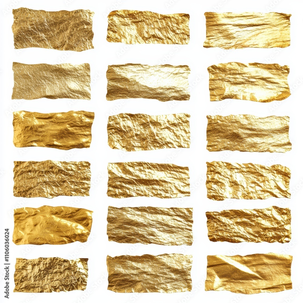 Poster a collection of various textured gold foil strips arranged in a grid, showcasing their unique patter