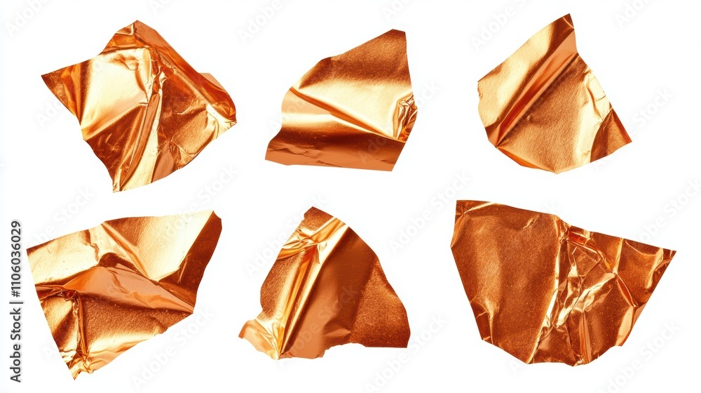 Poster shiny, crumpled pieces of orange foil arranged in various shapes, reflecting light and creating a vi
