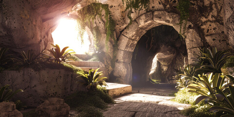 Obraz premium stone rocky empty cave tomb and light rays easter Generative AI