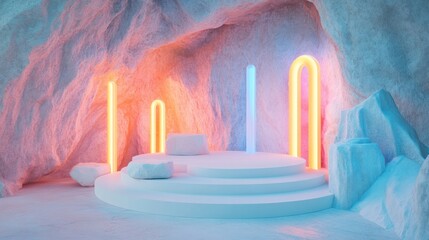A wood and marble hybrid podium with retro-themed shapes and neon-colored lights