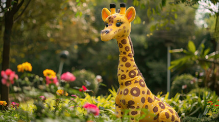 Cute yellow giraffe doll with bright polka dots for garden decoration,
