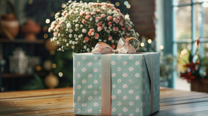 Eye-catching large gift box, beautifully wrapped with ribbon, perfect for Christmas or special occasions.