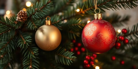 Christmas background with vintage golden ornament hanging on fir branches, fir branches