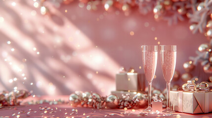 Luxurious celebration with champagne, two glasses, gift boxes and sparkling decorations on a pink background.