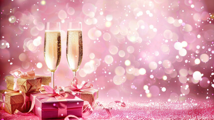 Luxurious celebration with champagne, two glasses, gift boxes and sparkling decorations on a pink background.