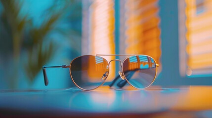 Sunglasses or fashion sunglasses placed on the table,