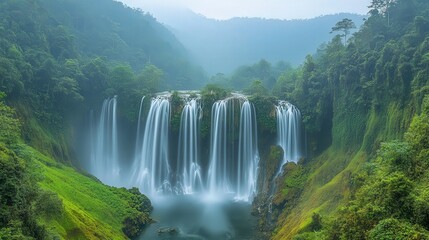 A serene waterfall cascading through lush greenery in a misty landscape.