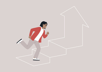 Fototapeta premium A person races up a set of stylized stairs, embodying ambition and drive, The upward arrow symbolizes growth and achievement in life's endeavors.