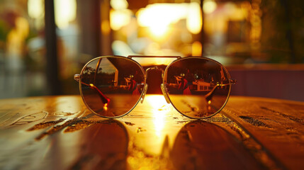 Sunglasses or fashion sunglasses placed on the table,