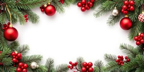 Christmas border with green branches decorated with ornaments, greeting card, decorations