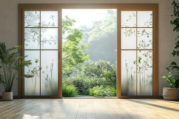 Fototapeta premium glass panel interior design, frosted glass panels in a living room, illuminating the space from a large window against a wooden floor, with room for text
