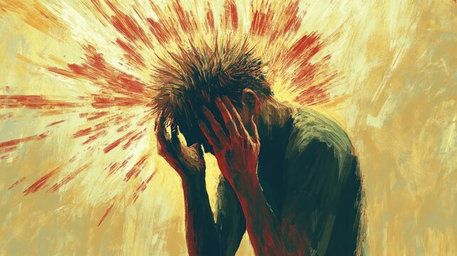 A figure in distress, holding their head, surrounded by explosive colors, symbolizing mental struggle.
