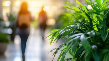 Modern eco friendly office environment with people walking through indoor greenery natural lighting sustainable workplace design blurred background corporate wellness