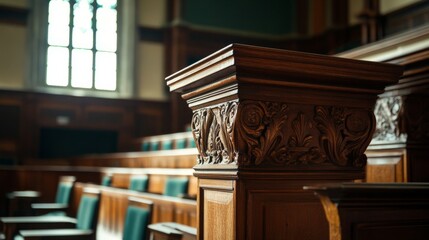 An ornate wooden podium in an old, prestigious university lecture hall