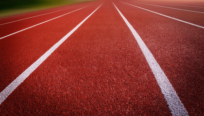 Fototapeta premium A close-up view of white running track lines on textured red asphalt, highlighting the minimalist design and providing a vivid contrast between the markings and the surface.
