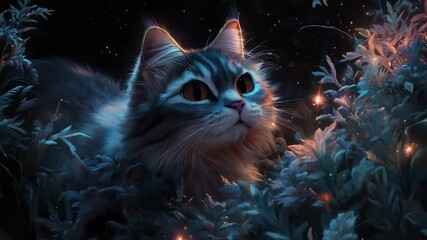 Cute cat in glowing plants in neon blues and purples, vibrant stars and swirling galaxies in pink and orange. - Powered by Adobe