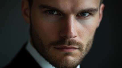Obraz premium A close-up of a man in a suit with a serious expression, emphasizing professionalism and determination