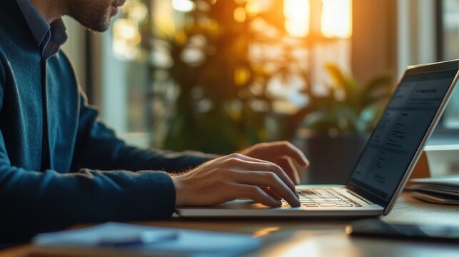 Businessman analyzing SEO strategies on laptop optimizing website ranking and driving traffic through effective digital marketing and data insights