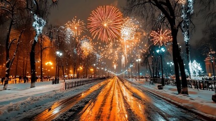 Festive Fireworks Over Snowy City Street  

