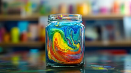 Mesmerizing abstract art featuring colorful paint swirling in water inside a glass jar