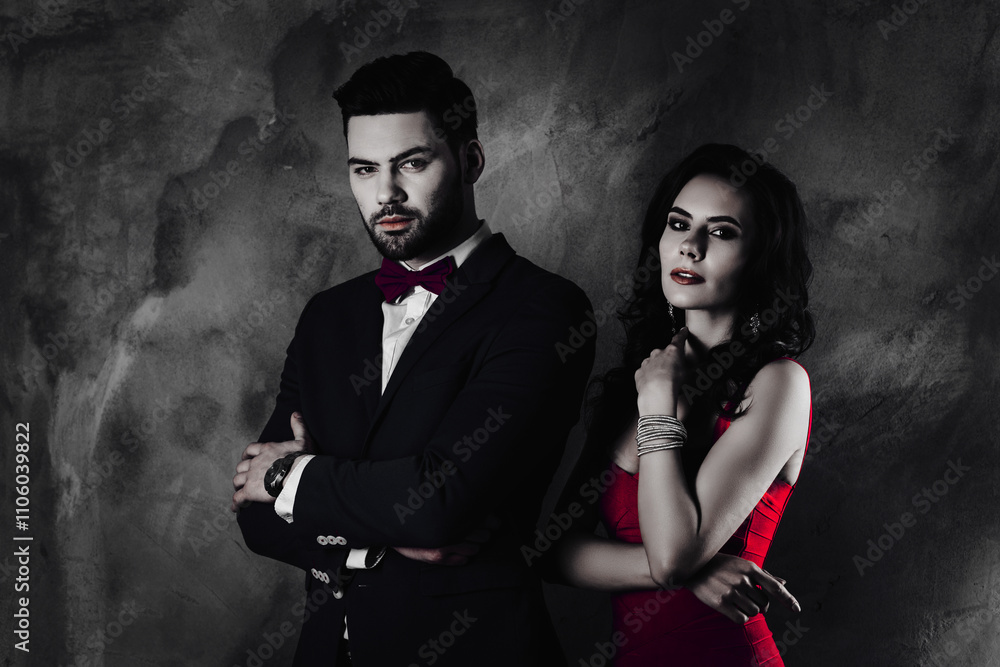 Poster portrait of harsh virile man with bristle in suit tux with bow and attractive charming woman with cu