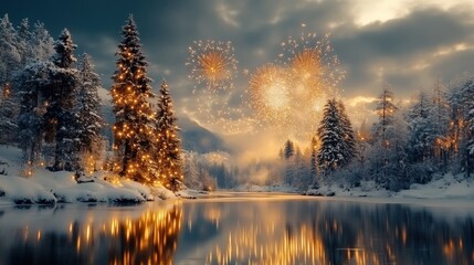 Fireworks Over Snowy River at Dusk  
