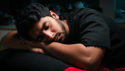 Obraz premium Peaceful night, male in black T-shirt peacefully sleeping in the cozy bedroom.
