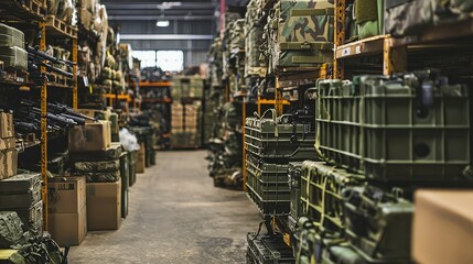 Close-Up View of Military Equipment and Weapons Stored Inside a Warehouse Featuring Shelves Filled with Tactical Gear and Ammunition Boxes for Defense Operations